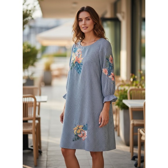 Philosophy Republic Clothing Dresses & Skirts - Philosophy Republic Clothing Floral Embroidered Striped Shift Dress Blue White L